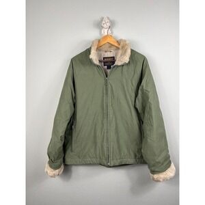 Woolrich Women's Jacket L Lined‎ Faux Fur Collar & Cuffs Full Zip Green